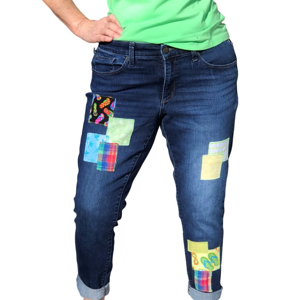 Upcycled Patchwork Denim Capri Pants, Boho Summer Jeans Flip-Flop Patches Sz 12